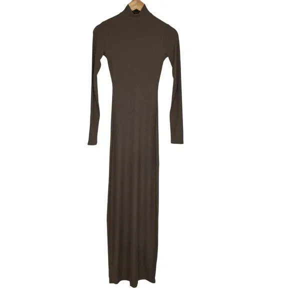 Skims Soft Lounge Amethyst Taupe Ribbed Mock Neck Long Sleeve Maxi Dress SZ S - Picture 2 of 13